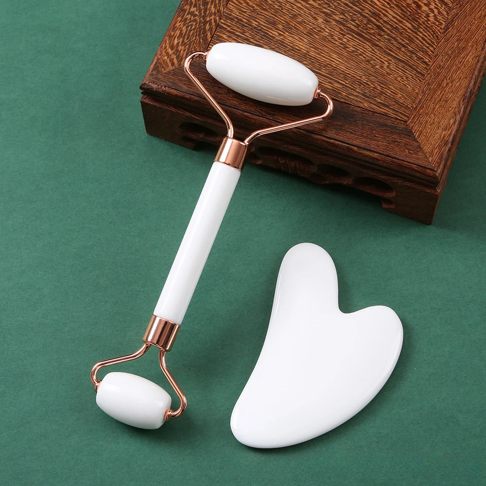 Jade roller facial massage in use